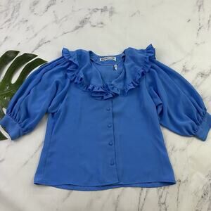 Loubella Womens Vintage 80s Ruffle Blouse Top Size 12 Light Blue Flutter